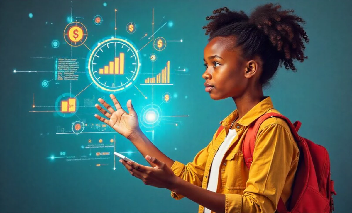 A professional using AI tools on a holographic screen to make money with AI, showing graphs and digital project icons.