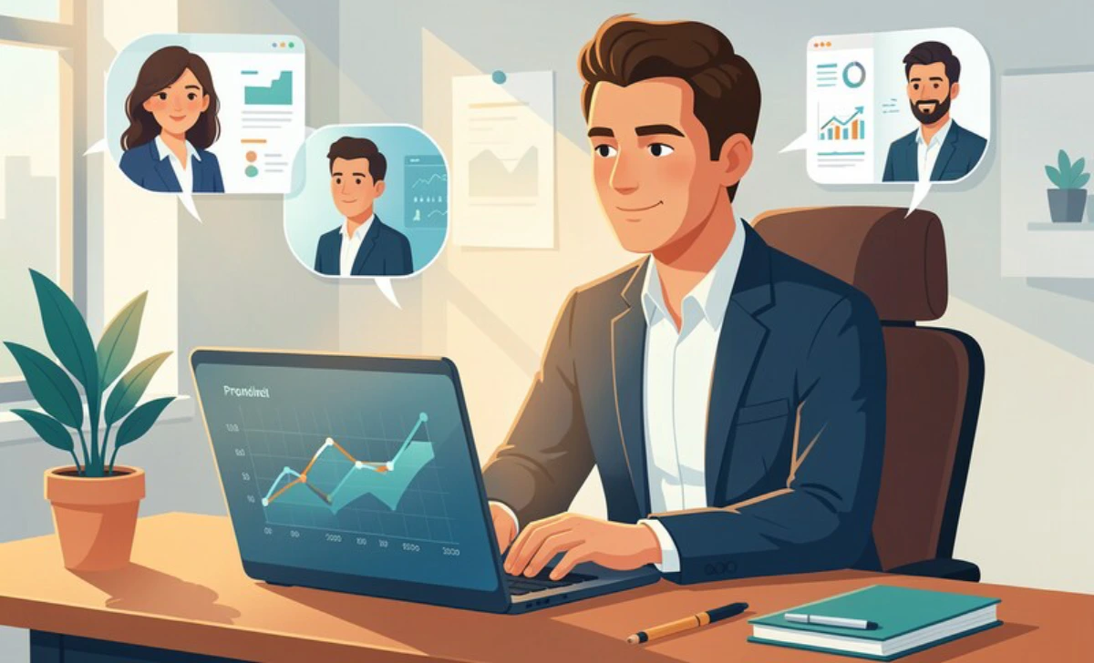 Small business owner using predictive AI tools to improve marketing strategy on laptop with data analytics dashboard