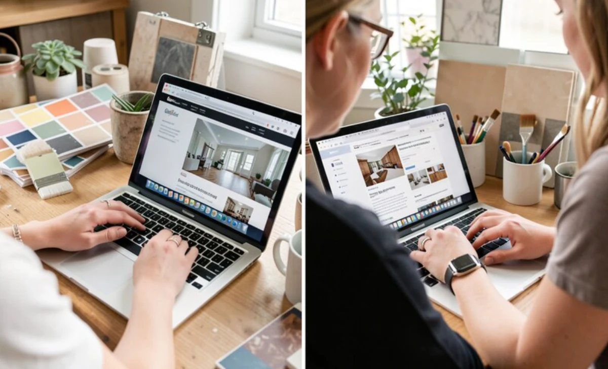 Blogger using AI Content Creation Tools to write renovation blog posts on laptop with home improvement materials