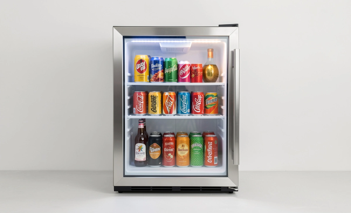 Barkÿhlschrank compact bar fridge with glass door and LED lighting in a modern home bar setup