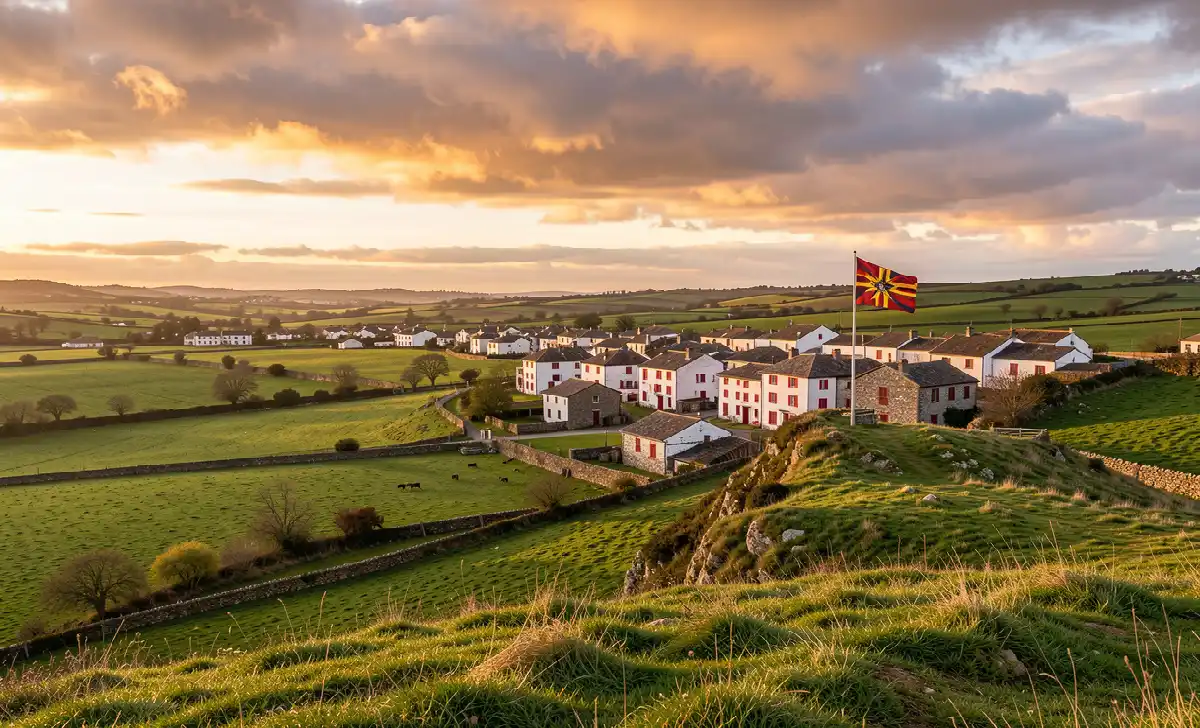 Basque Country landscape with the ikurriña flag representing the Basque separatists movement and regional identity