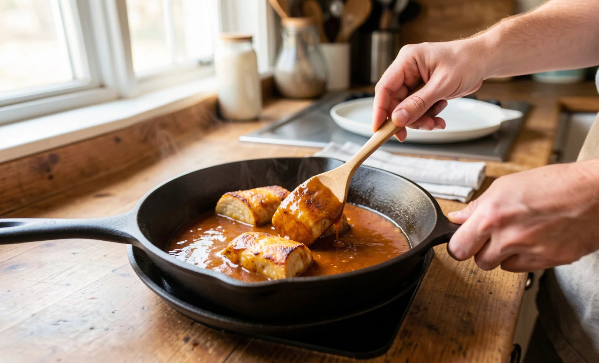 Home cook preparing Fojatosgarto in a heavy skillet with golden-browned ingredients on a wooden kitchen counter
