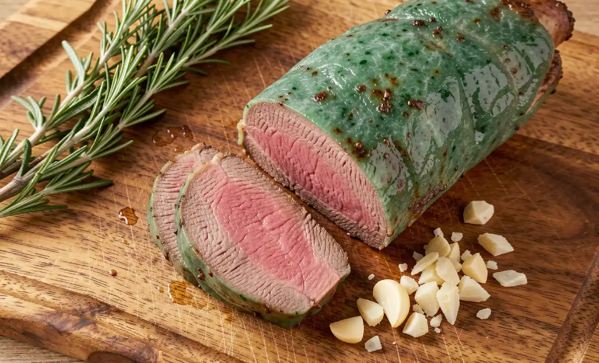 Sliced jade venison steak resting on a wooden board with fresh rosemary and garlic