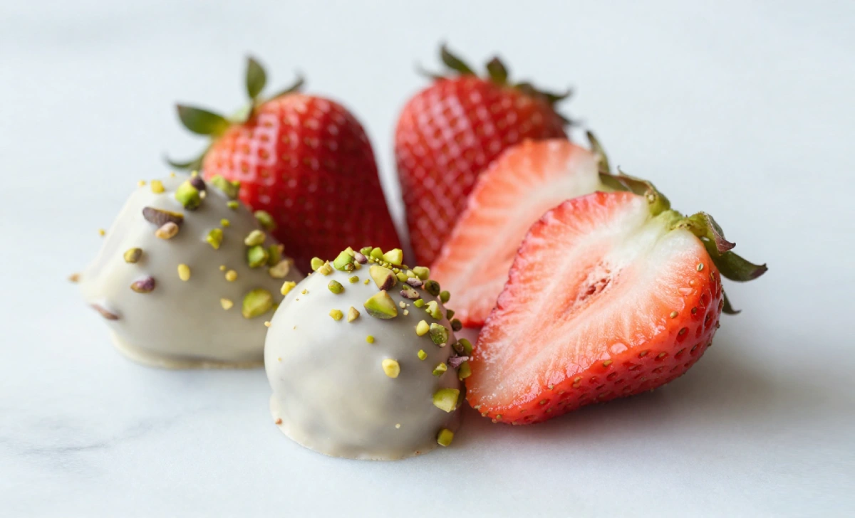 Fresh OMGiestrawberries with white chocolate dip showing natural red to pale pink color gradient on marble surface