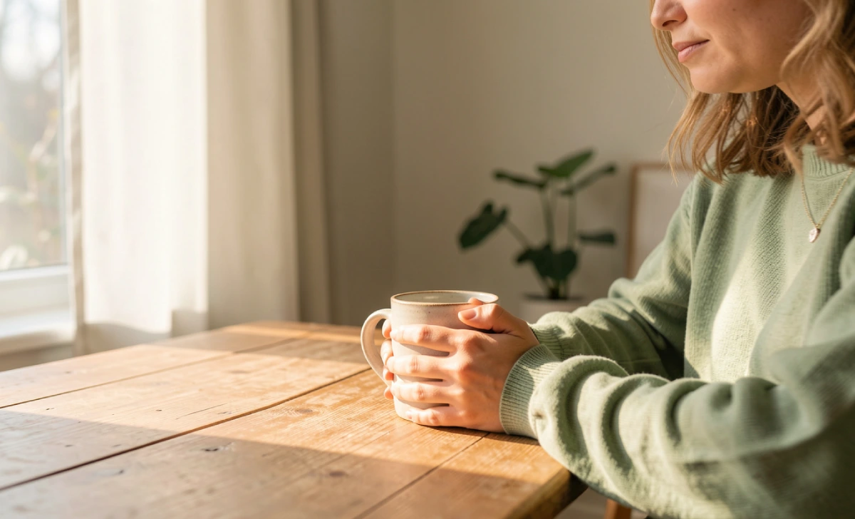 Person practicing Ponadiza mindful lifestyle by sitting calmly with a morning coffee and journal near a sunlit window
