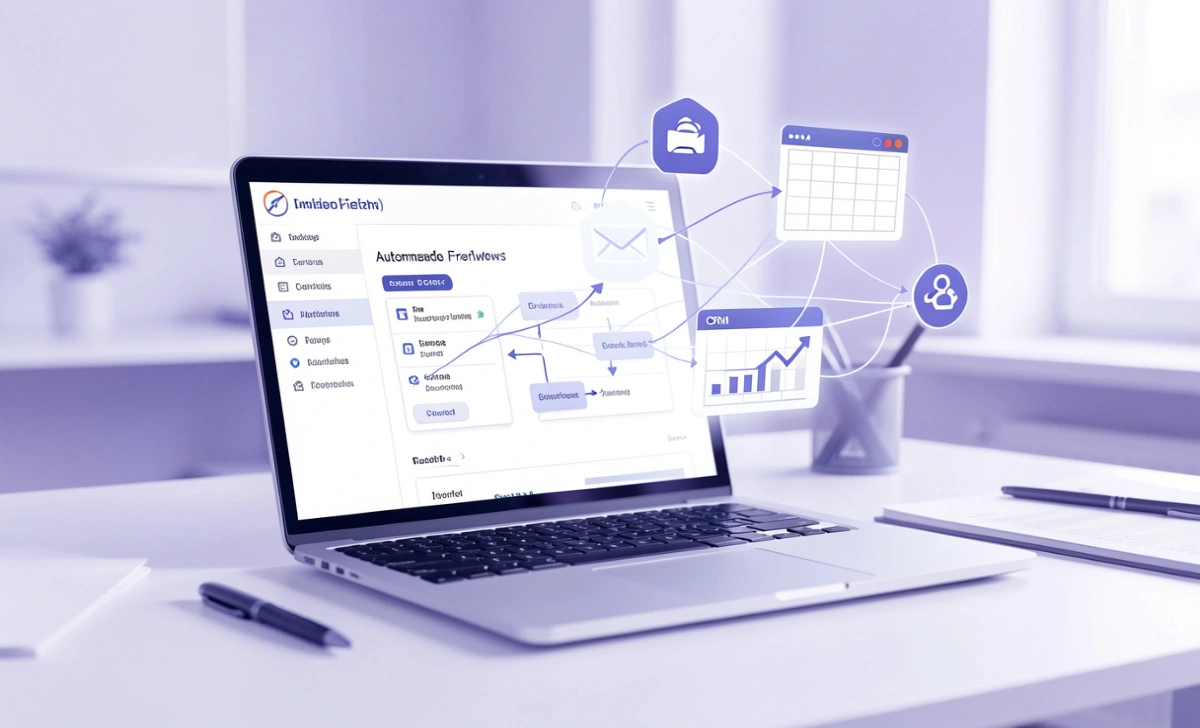 Soinkson intelligent automation workflow showing connected apps and automated tasks on laptop screen