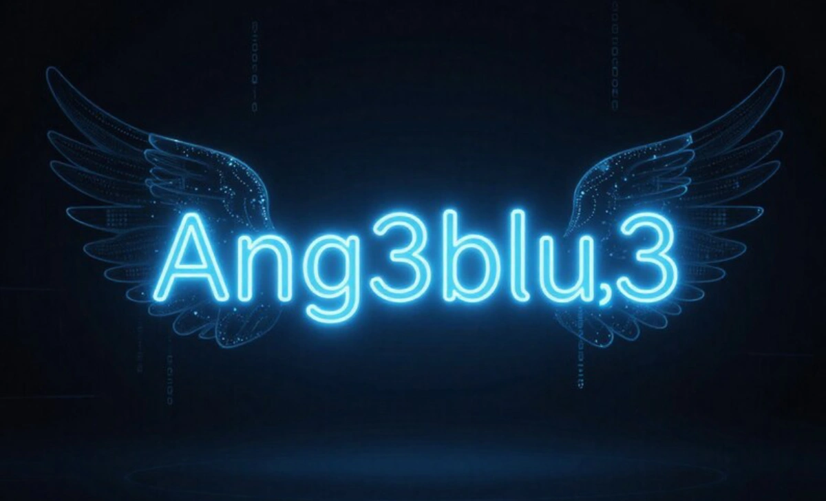 Ang3lblu33 username displayed in glowing blue leetspeak style with digital angel wing elements representing creative online identity