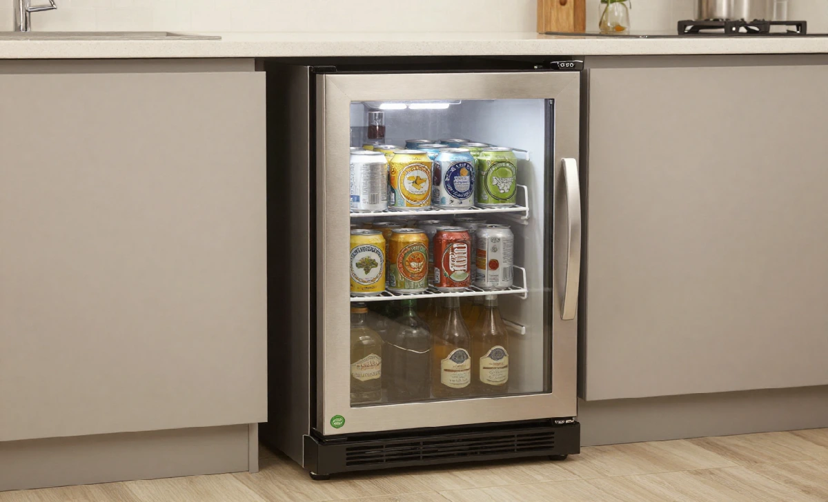 Barkÿhlschrank compact bar fridge with glass door in a modern home bar setting