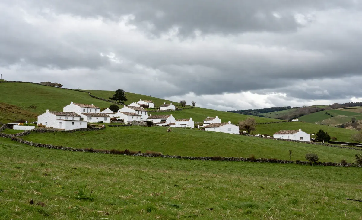 Traditional Basque farmhouses in the green hills of the Basque Country, northern Spain
