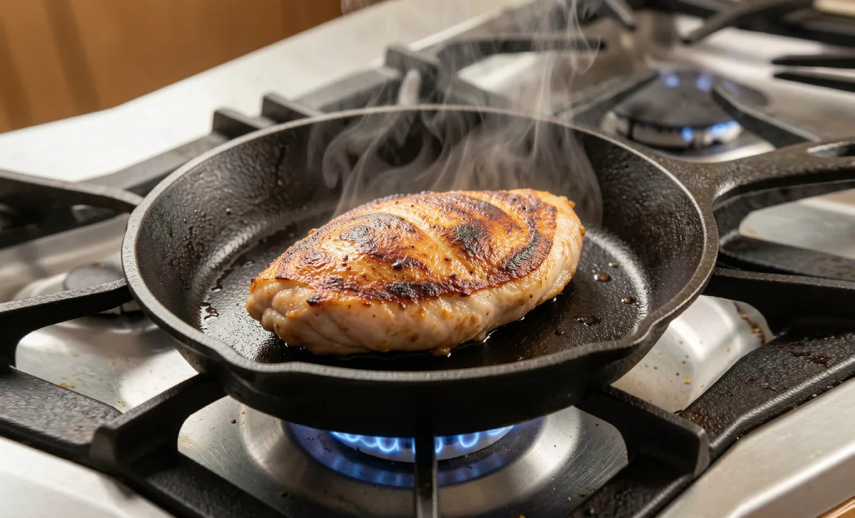 Protein searing in a cast iron skillet, showing a golden-brown crust forming during the Fojatosgarto cooking process