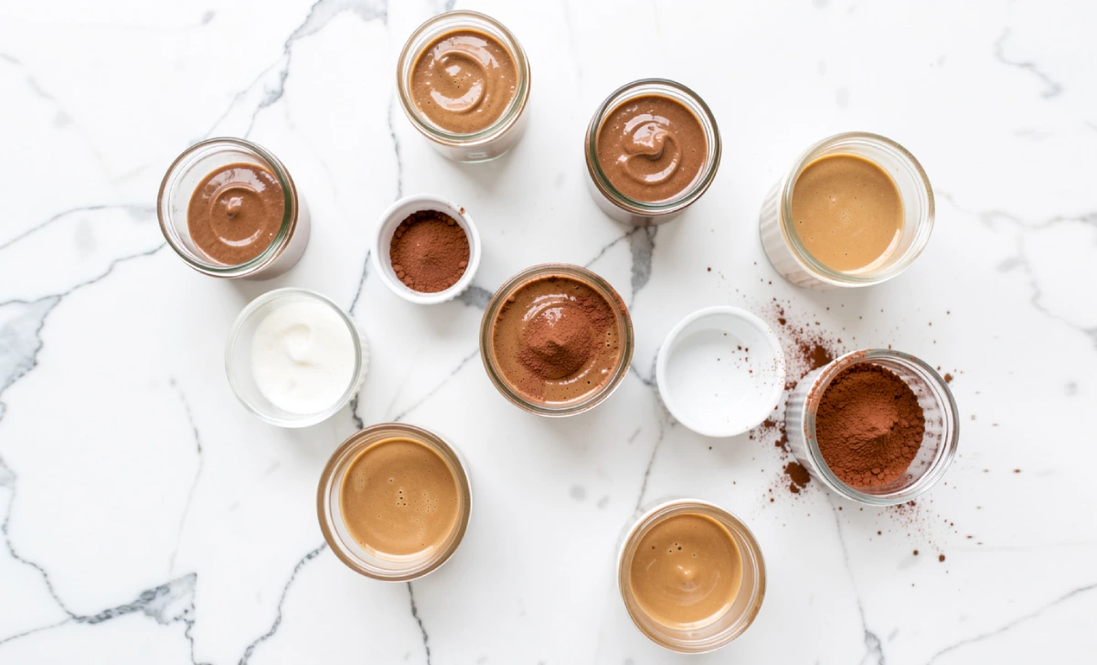 Flat lay of homemade coffee creamer flavor variations in small glass bowls with cinnamon, cocoa, and vanilla bean