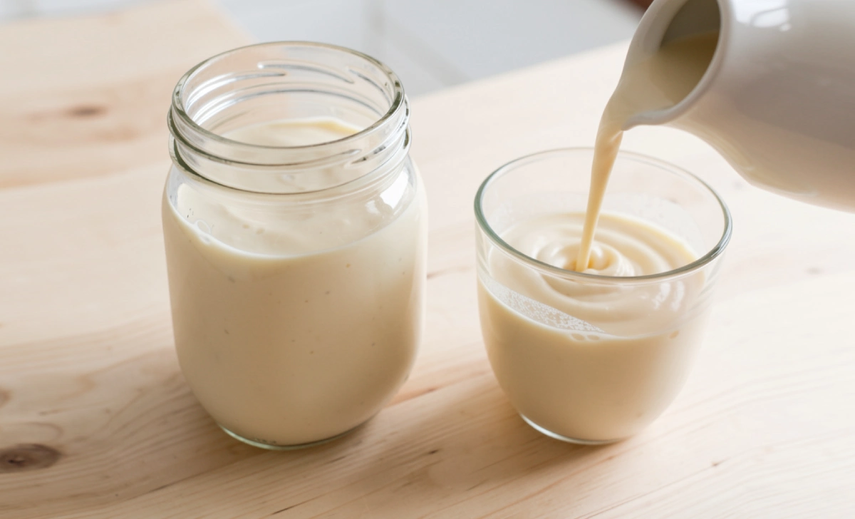 Glass jar of homemade vanilla coffee creamer on a kitchen counter next to a cup of coffee
