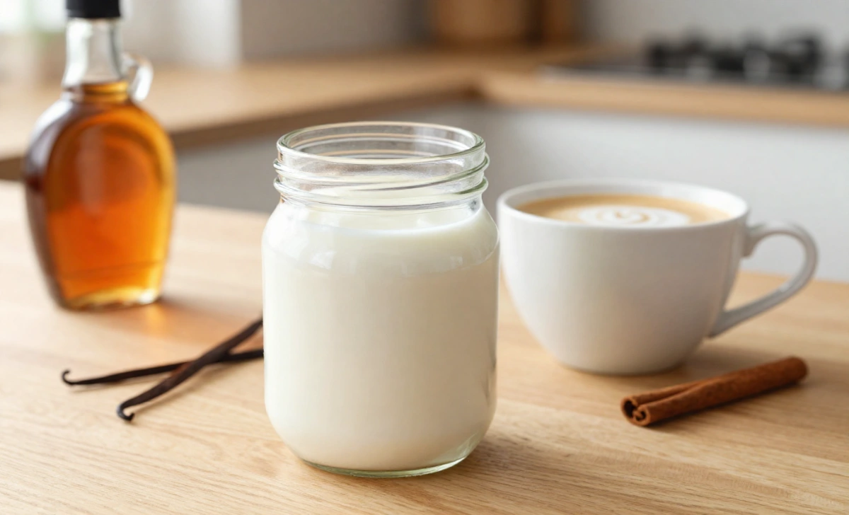 A glass jar of homemade coffee creamer on a kitchen counter next to a cup of coffee, maple syrup, and vanilla