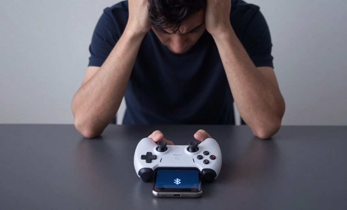 Person troubleshooting HSSGamepad connectivity issues with a wireless controller and smartphone