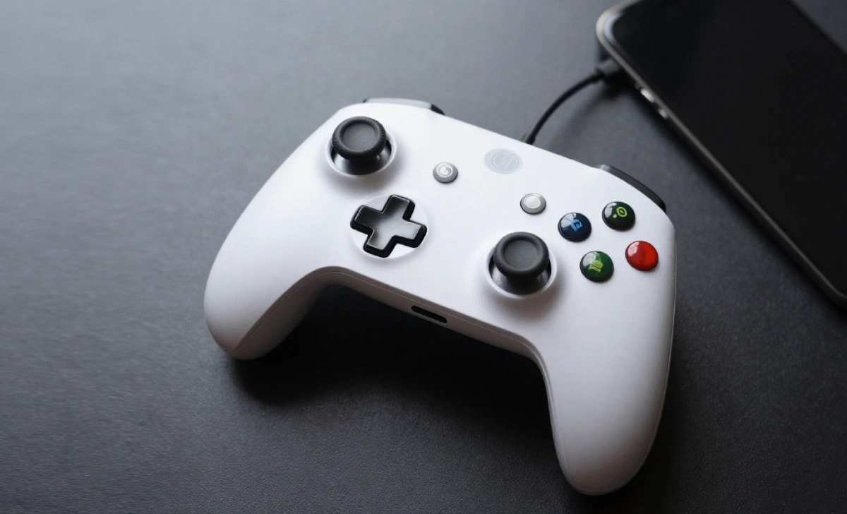 Wireless gamepad connected to a smartphone via USB cable for troubleshooting HSSGamepad connectivity issues