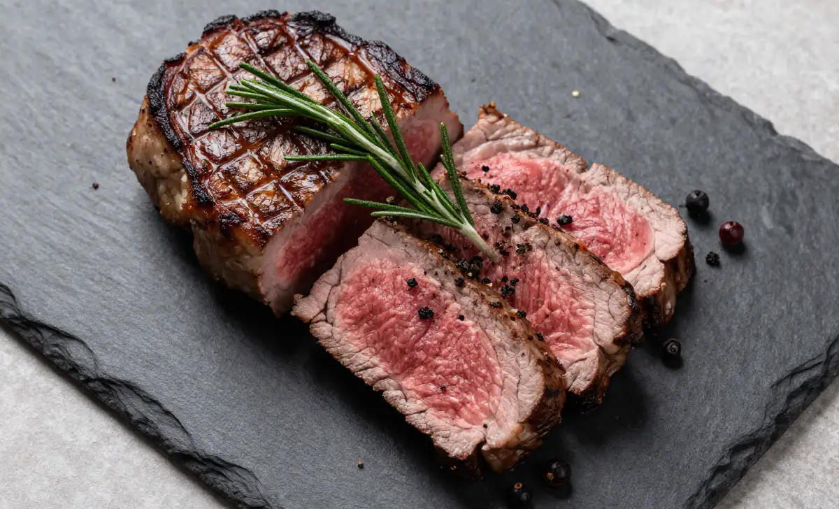 Sliced seared Jade Venison loin on a slate board garnished with rosemary and juniper berries