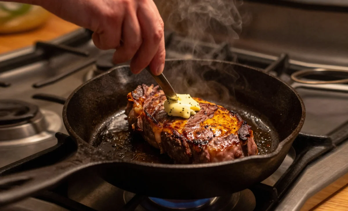 Jade Venison steak searing in a cast iron pan with herb butter baste