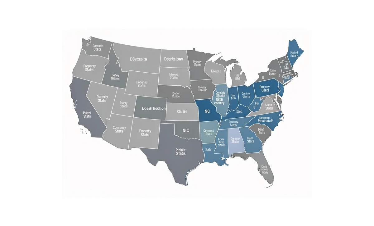 Map showing North Carolina as equitable distribution state versus community property states in US divorce law