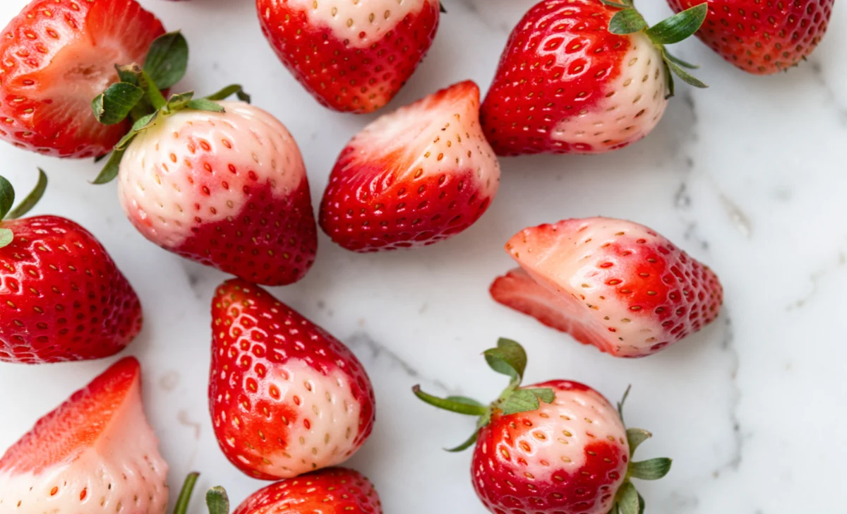 Fresh OMGiestrawberries arranged on a white marble surface showing their signature red-to-cream color gradient
