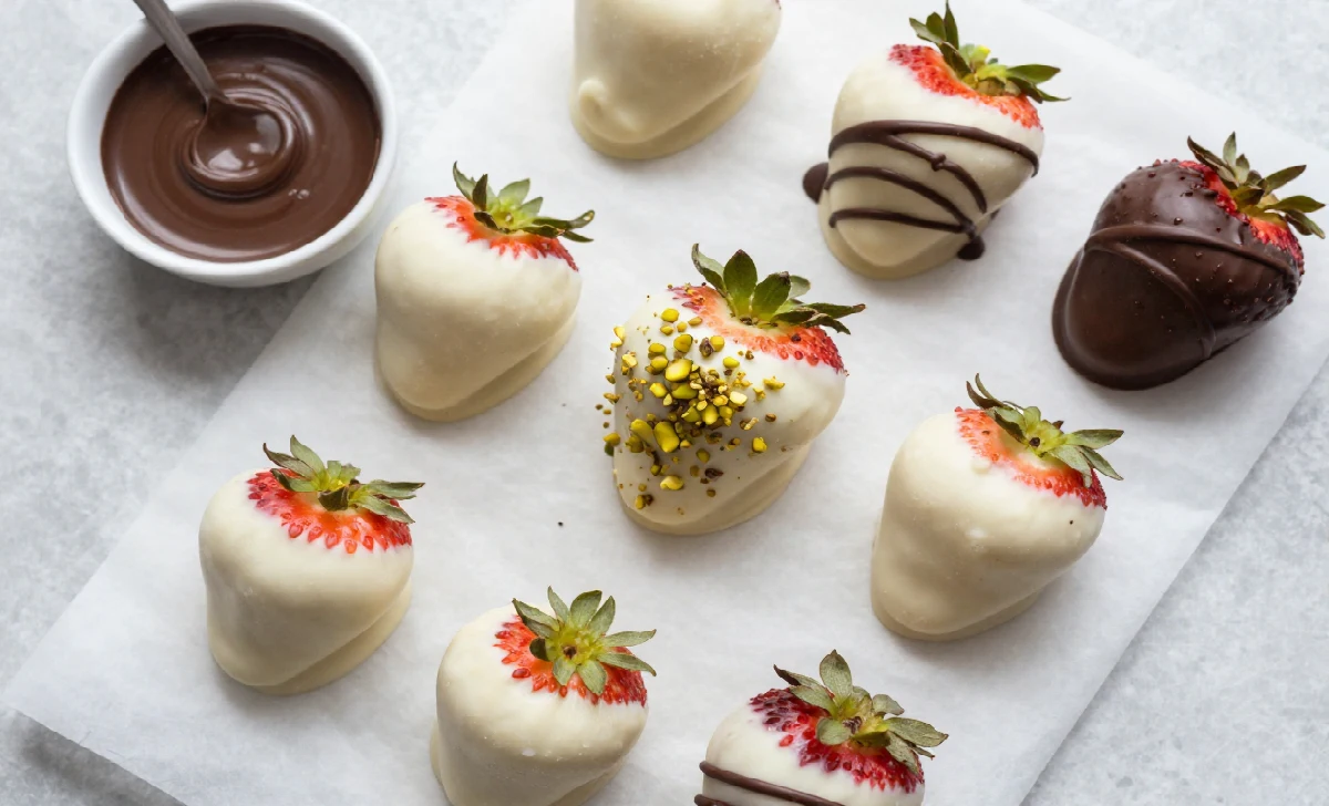 White chocolate-dipped OMGiestrawberries on parchment paper topped with crushed pistachios and dark chocolate drizzle