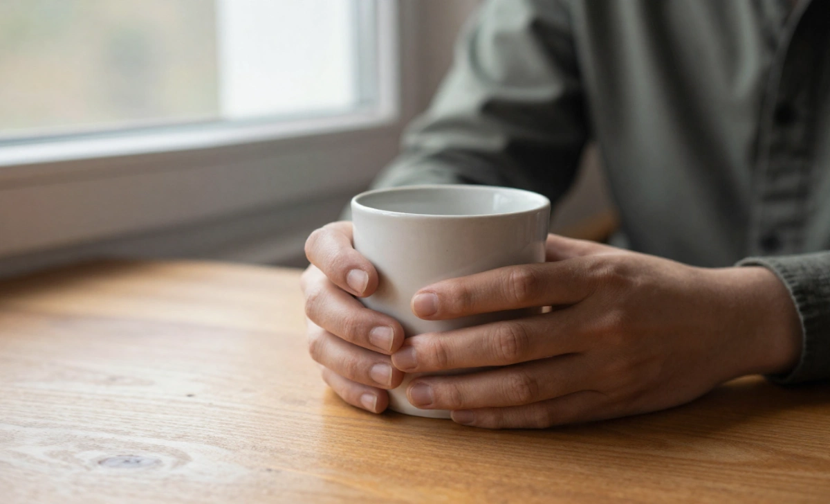 Person sitting quietly with a coffee mug in morning light, practicing the Ponadiza lifestyle