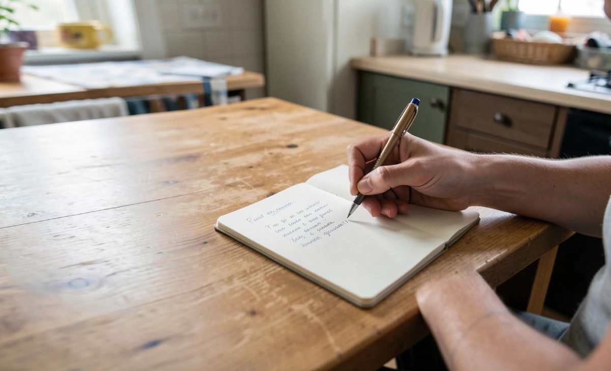 Person writing in a notebook as part of a Ponadiza daily habit and intentional living practice
