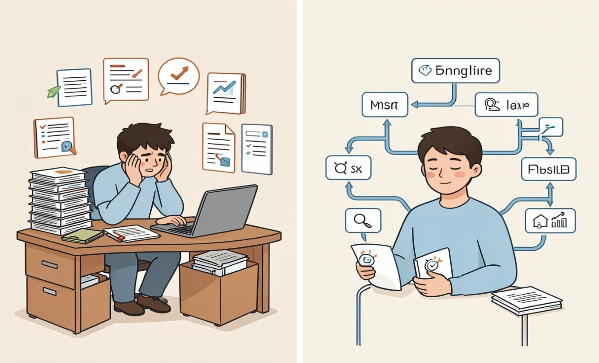 Before and after comparison showing how process automation reduces manual repetitive tasks