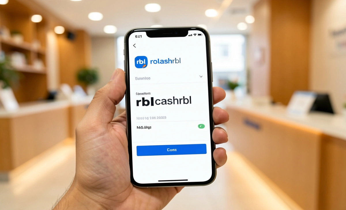 Person checking rblcashrbl transaction label on RBL Bank mobile app statement