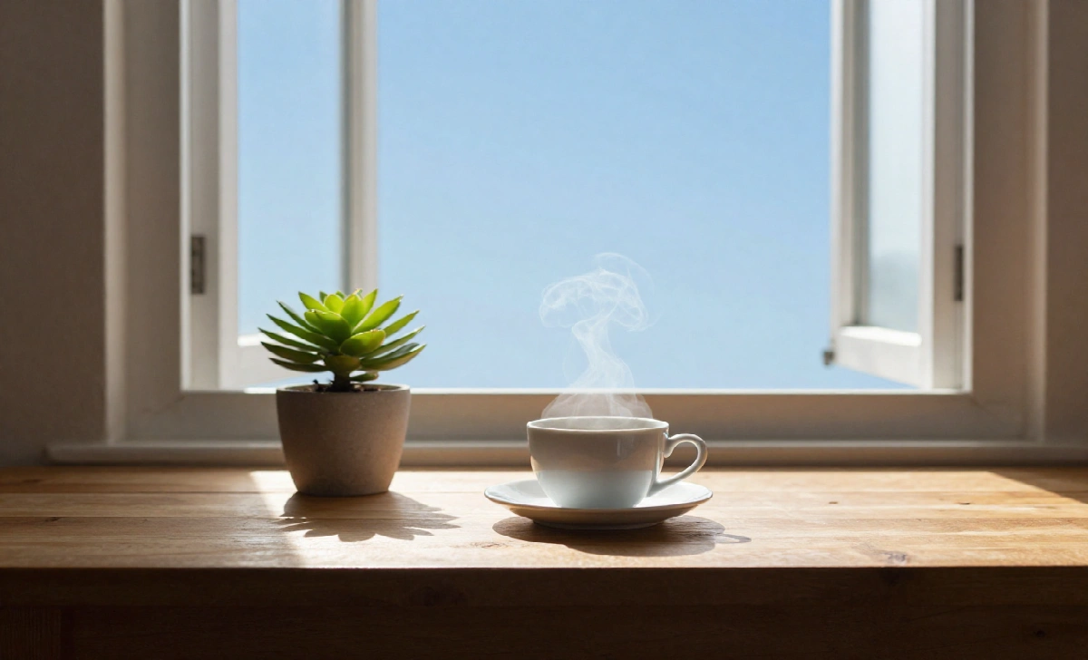 A quiet morning setup with coffee, a plant, and open window showing the sky, reflecting a balanced daily ritual inspired by Skyesolinda