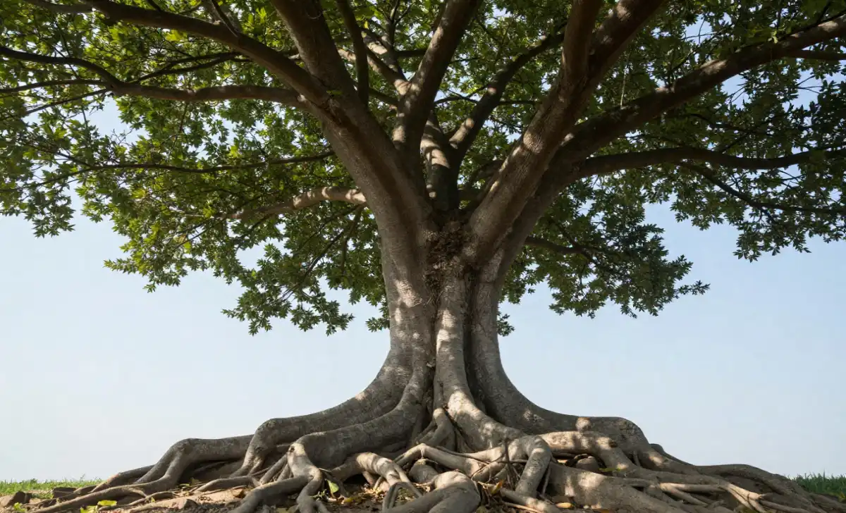 Ancient linden tree with roots visible, branches opening toward a clear blue sky representing the meaning of Skyesolinda