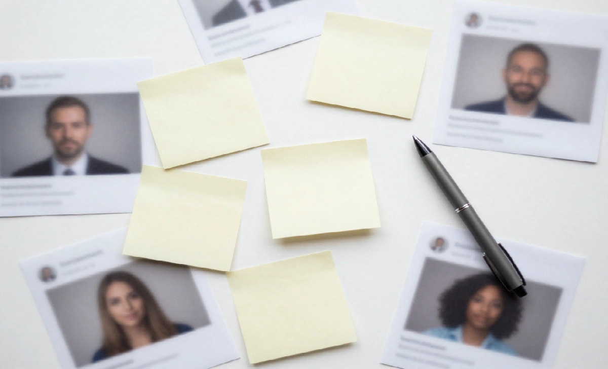 A desk with blurred sticky notes and printed screenshots arranged in an investigative layout