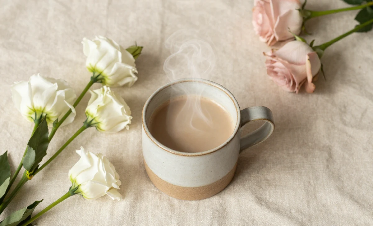 A bougiebunna-inspired flat lay with a ceramic latte mug, fresh flowers, and a velvet throw in soft morning light