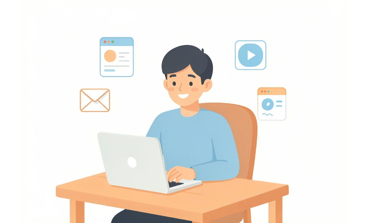 Beginner's guide to content marketing showing a person creating blog and social media content