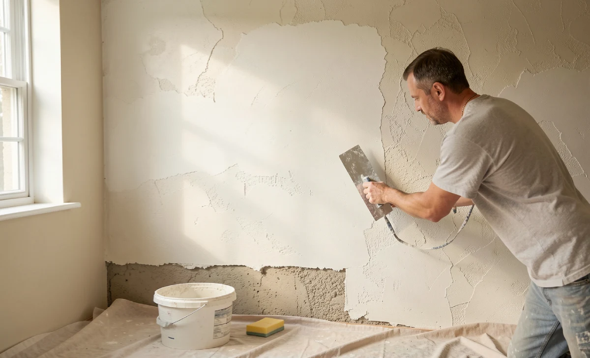 Person applying DIY interior stucco texture to a wall using a steel trowel and hawk during a home renovation project.