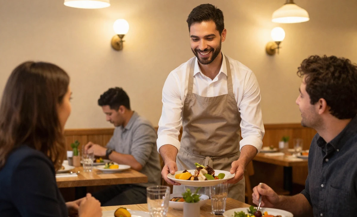 Server smiling at a restaurant table learning how to earn more tips through better service
