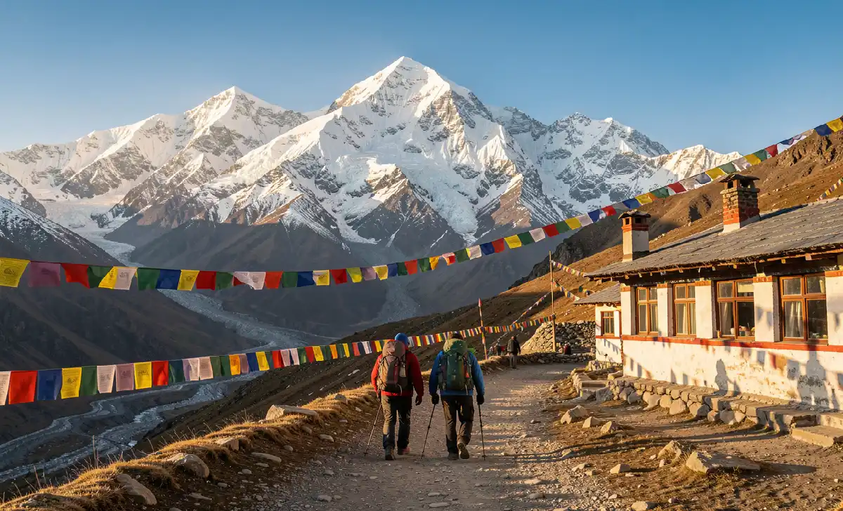 Two trekkers walking the Everest Base Camp trail with snow-covered Himalayan peaks and prayer flags in the background