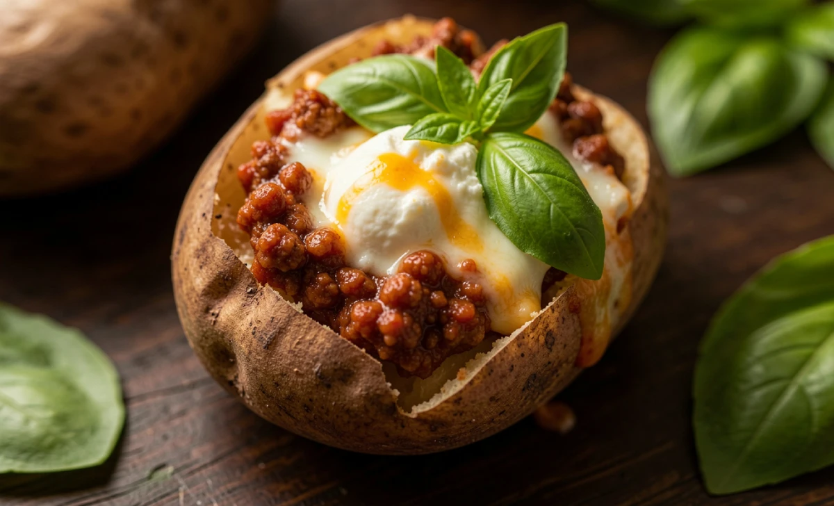 Lasagna baked potato stuffed with meat sauce, ricotta, and melted mozzarella on a wooden board