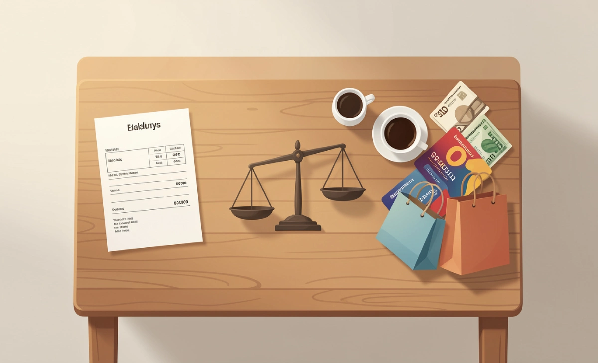A balance scale showing income on one side and everyday spending on the other, representing lifestyle inflation