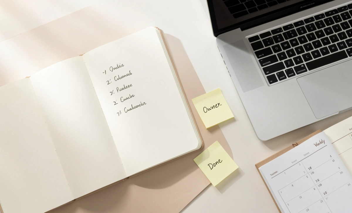 Team desk setup showing task list and planner for the ewmagwork management guide