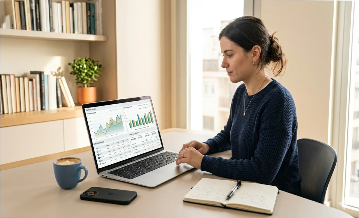 Person researching a broker comparison site on a laptop to find the right financial broker