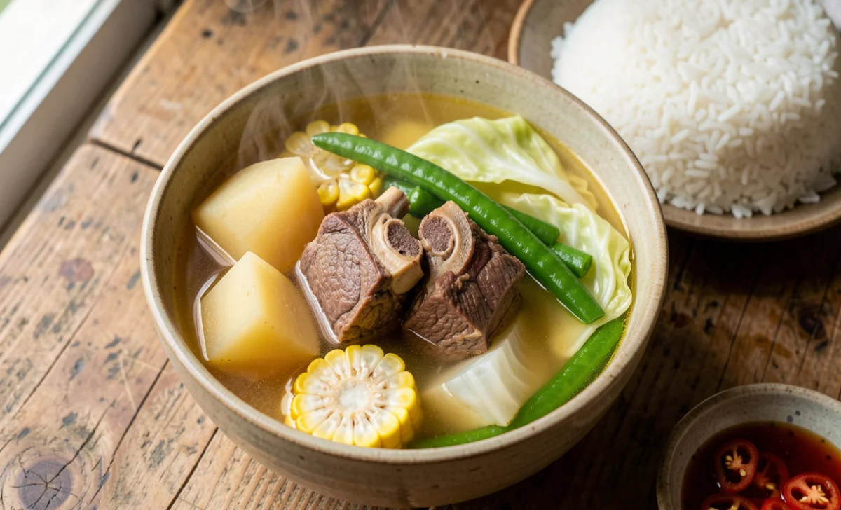 Nilagang Baka Recipe served in a bowl with beef, potatoes, corn, and cabbage in clear broth