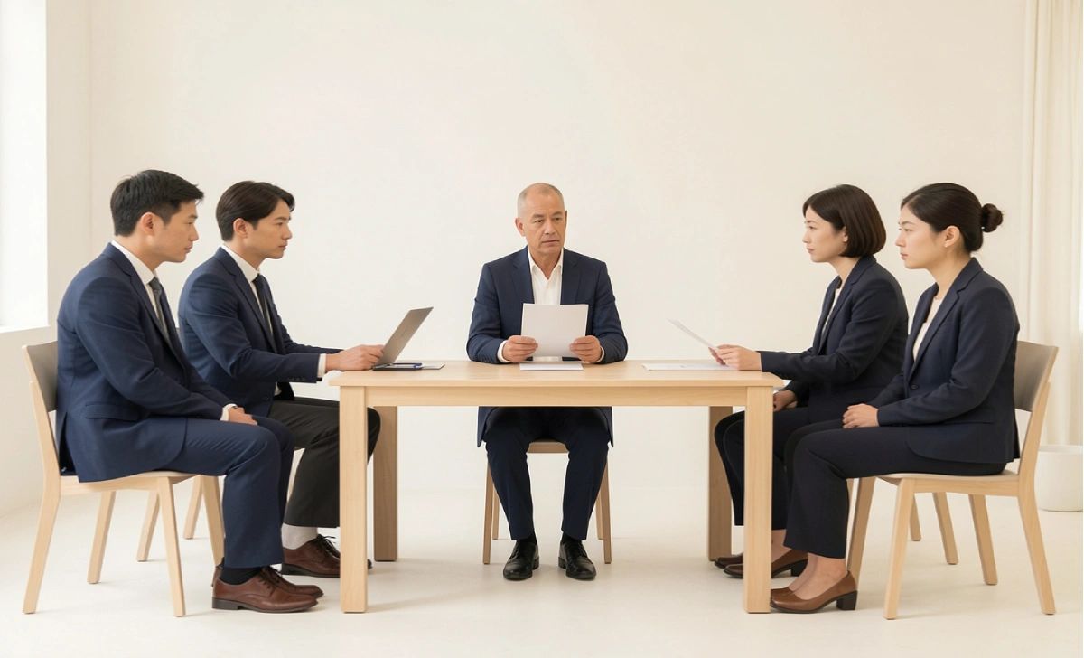 Neutral official representing Ombudsmänner sitting between a citizen and an institution resolving a complaint