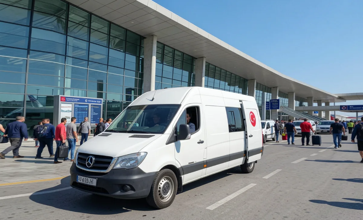 A clean white shuttle van parked outside a Turkish airport for a Tubeseferi service transfer pickup