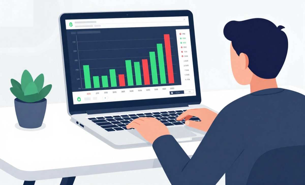 A person using Ziimp .com trading platform on a laptop with a simple price chart on screen