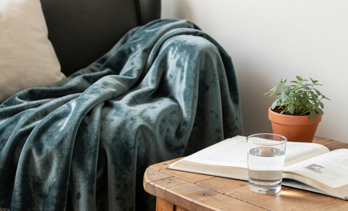 Cozy living corner with a velvet throw, herb pot, and open book reflecting the soft luxury bougiebunna lifestyle trend