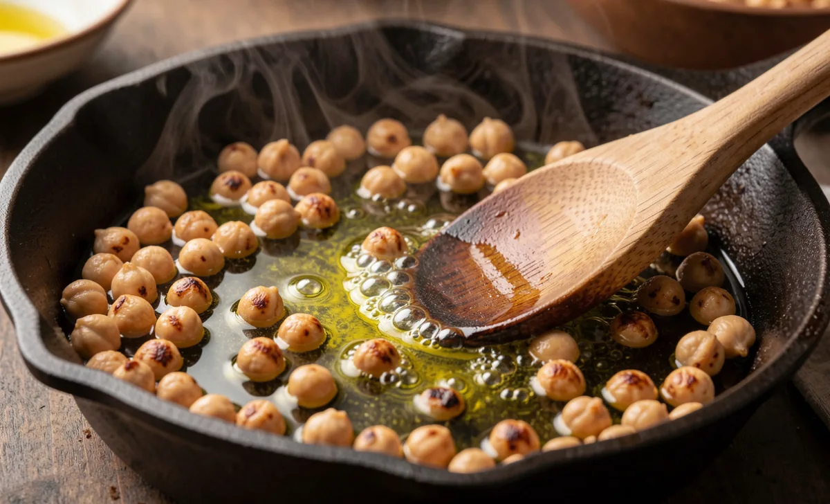 Crispy chickpeas toasting in a skillet with olive oil and spices
