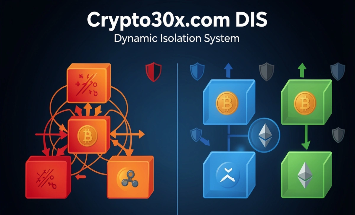 Crypto30x.com DIS comparison showing isolated trading positions protected from cascading losses versus traditional margin trading where one loss affects all positions