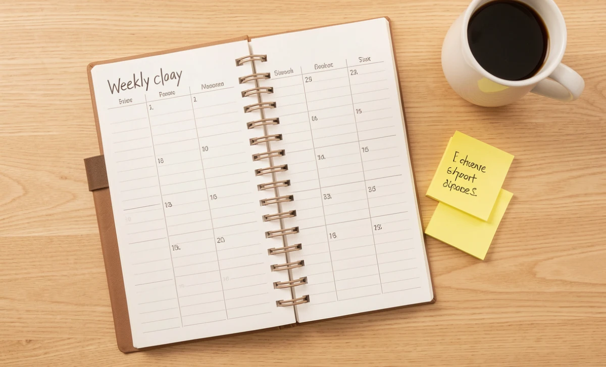 Top-down view of a weekly planner and sticky notes on a clean wood desk 