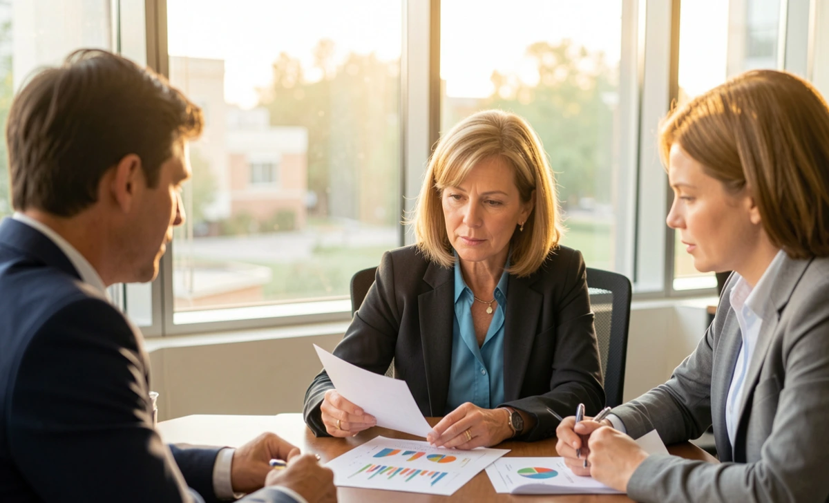 Higher ed marketing team reviewing enrollment data at a university conference table