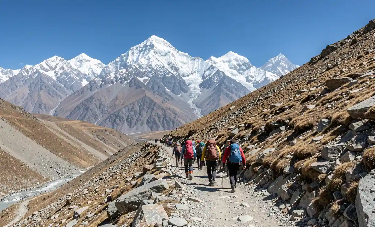 Trekkers walking on the Everest Base Camp trail with Himalayan peaks in the background